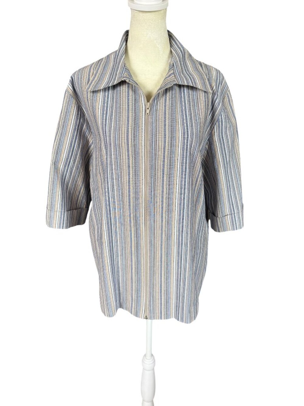 BonWorth top shacket zip up neutral tan and blue striped elbow sleeves size PL